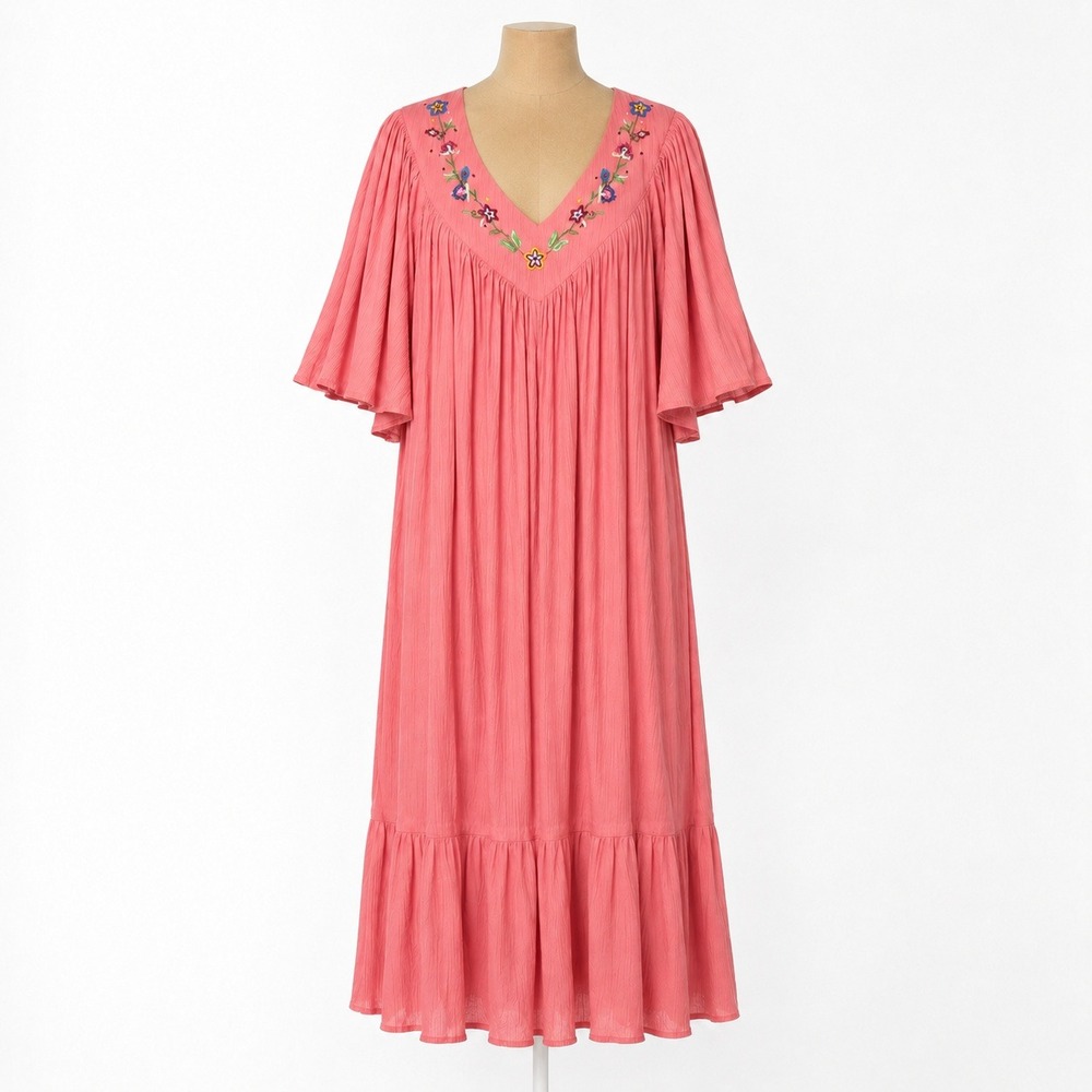 Vintage Bechamel Floral Embroidered Peasant Dress Size M Pink 100% Cotton Muumuu